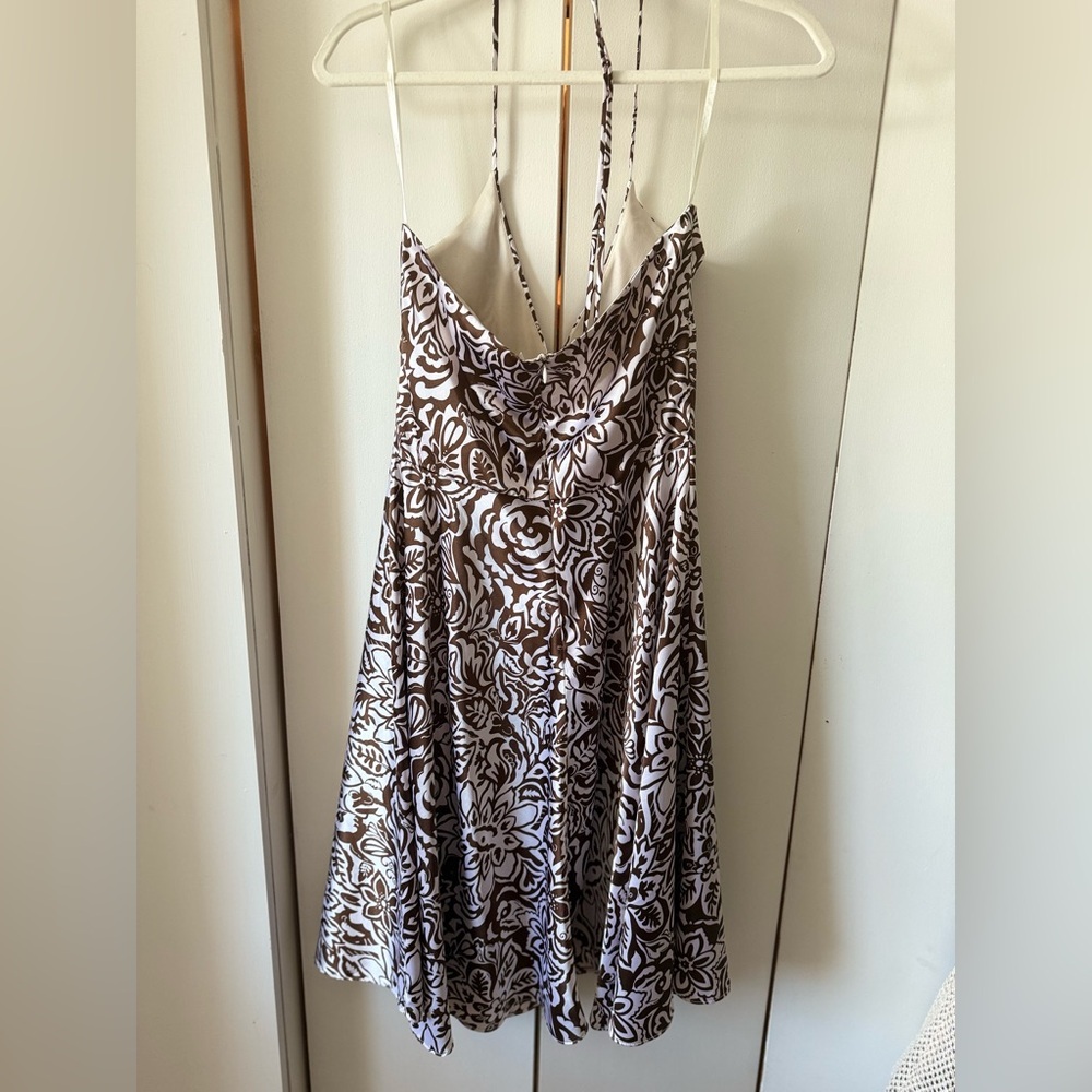 Vintage Y2K 2000s Alyn Paige Brown and White Floral Halter Mini-Midi Dress - Picture 5 of 6